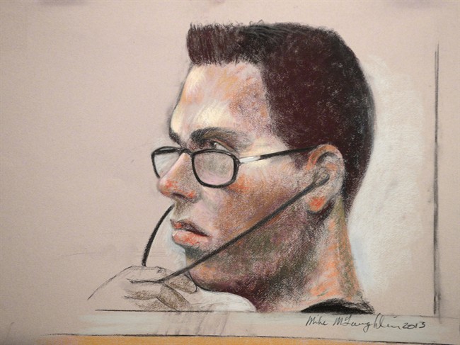 Luka Rocco Magnotta is shown in an artist's sketch in a Montreal court on March 13, 2013.