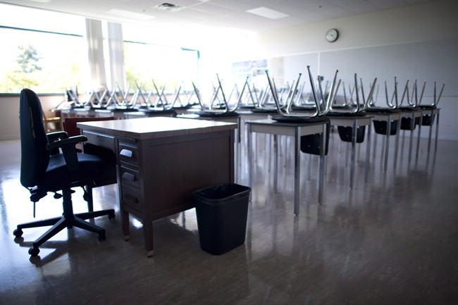 A empty teacher's desk is pictured at the front of a empty classroom.