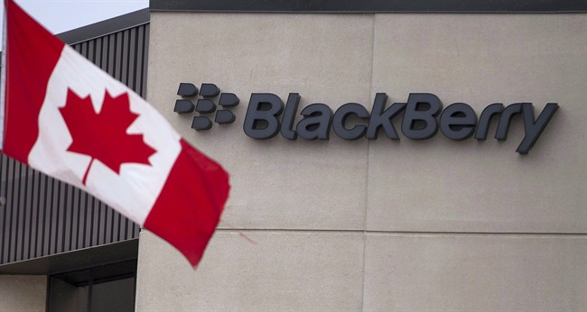 A Canadian flag flies at BlackBerry's headquarters in Waterloo, Ont., on July 9, 2013. 