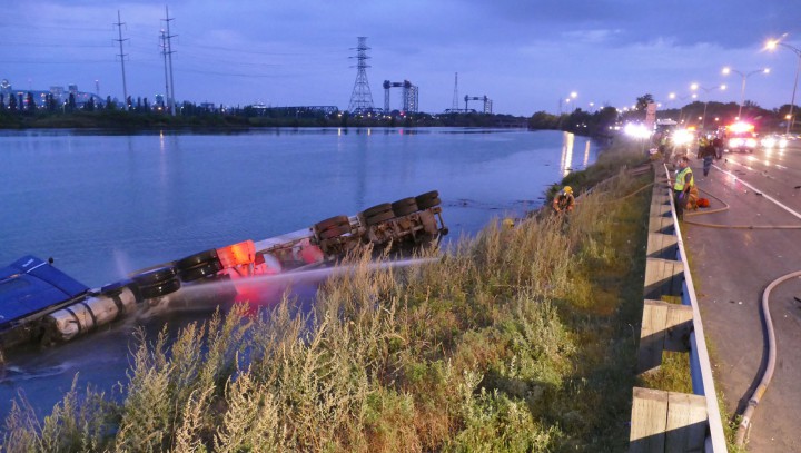 A tanker truck rolled into the Saint Lawrence River early Tuesday morning.