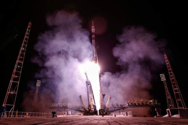 The Soyuz rocket blasts off at the Baikonur cosmodrome, Kazakhstan, Friday, Sept. 26, 2014.