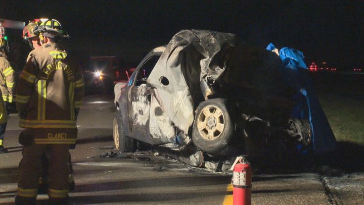 RCMP say a man in his 30s was killed in a three-vehicle collision on Highway 2 south of Leduc Saturday, September 27, 2014.