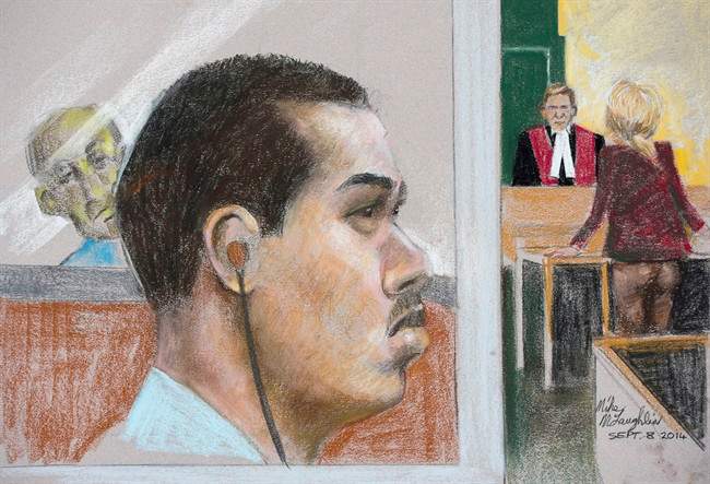 An artists' impression of Luka Magnotta is shown at the Montreal Courthouse in Montreal, Monday, September 8, 2014.