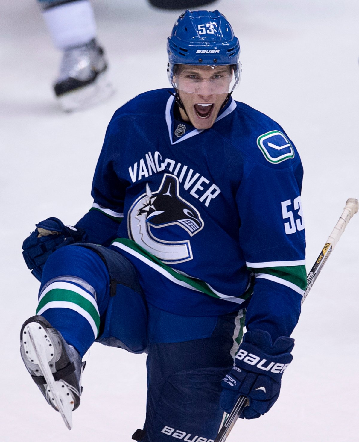 Vancouver Canucks' Bo Horvat celebrates his goal during the third period of NHL pre-season action against the San Jose Sharks in Vancouver, B.C. Tuesday, Sept. 23, 2014. THE CANADIAN PRESS/Jonathan Hayward.