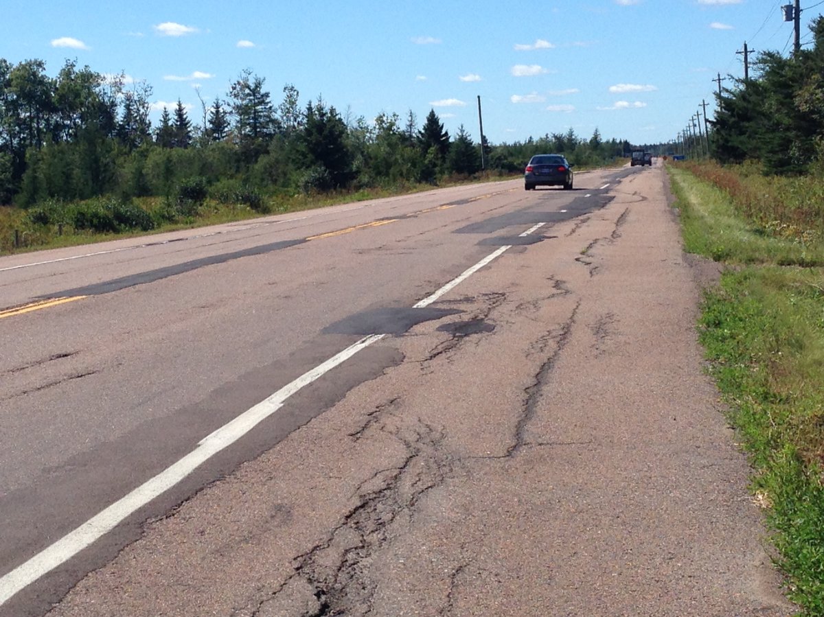 A section of Hwy 16 near Port Elgin with patches and cracks in the road on Sept. 12, 2014.