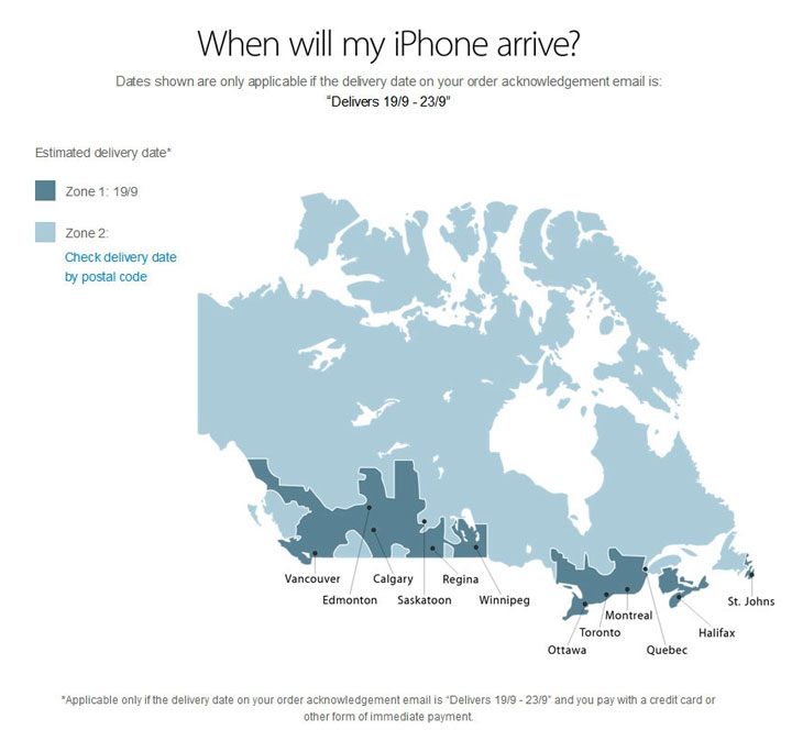 Consumers who hit Apple.ca to pre-order one of the company's new iPhones and clicked on a link about delivery timelines saw an error-riddled map of Canada.