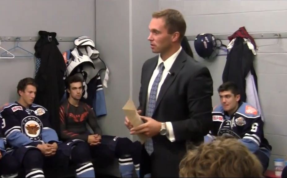 Jason Williamson, seen here giving his team the BCHL Vernon Vipers a pep talk before the 2014 RBC Cup semi finals, has suddenly resigned as head coach and GM. 