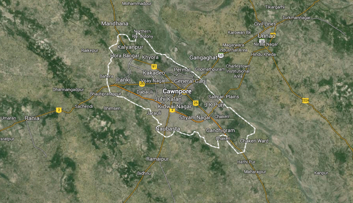 Map showing the location of Cawnpore (Kanpur).