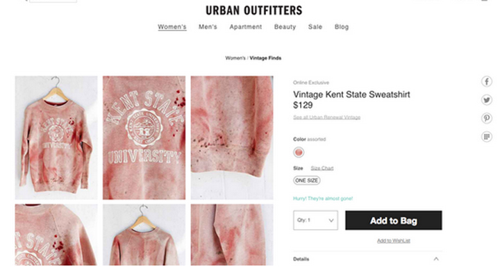American retailer Urban Outfitters apologized Monday for selling what appears to be a fake-blood-stained "one-of-a-kind Vintage Kent State Sweatshirt." 
.