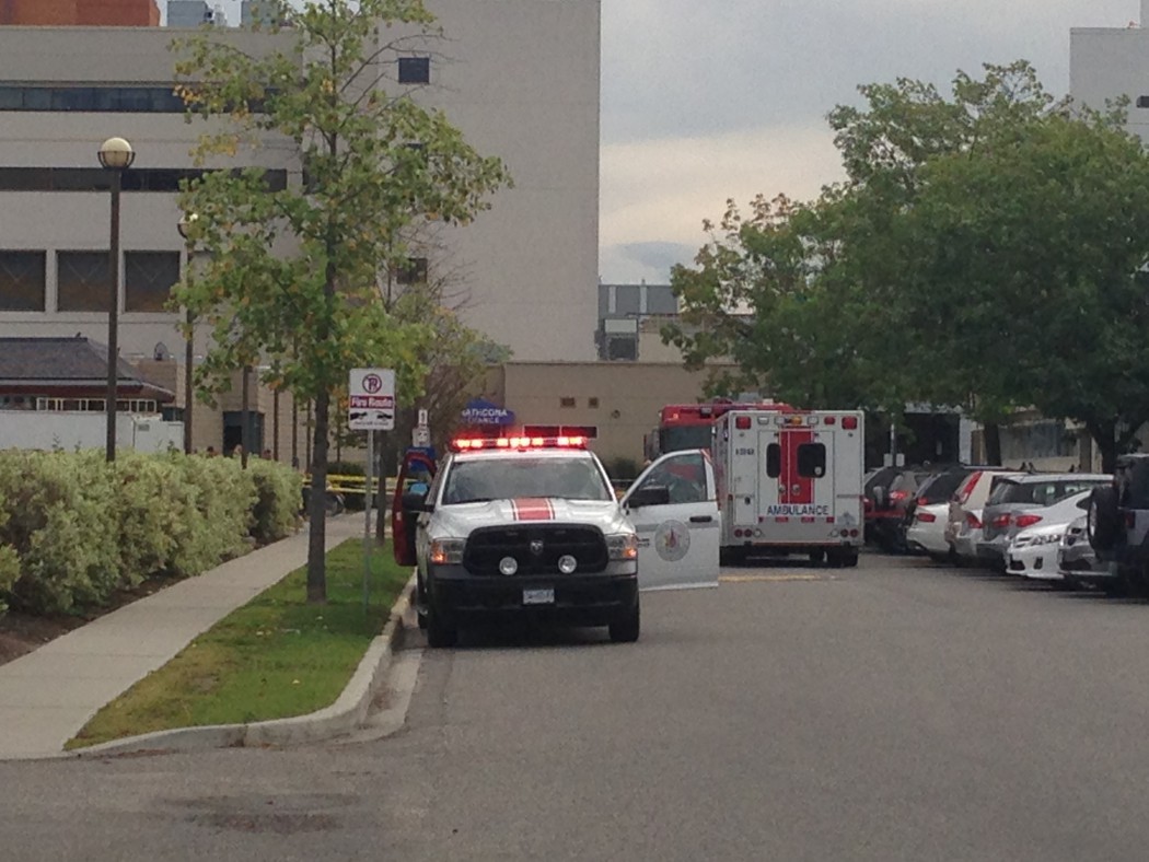 The Kelowna Fire Department Hazmat Team is on the scene of a chemical spill that has injured two hospital workers. 