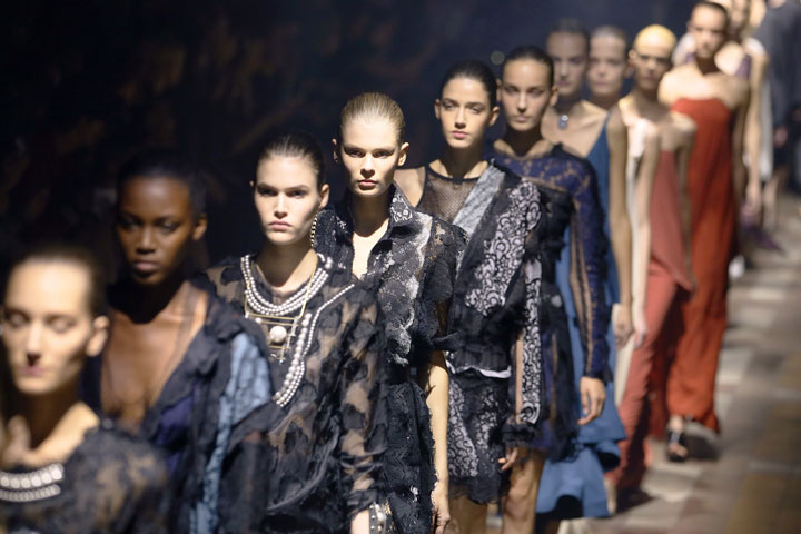 Models present creations for Lanvin during the 2015 Spring/Summer ready-to-wear collection fashion show, on September 25, 2014 in Paris.