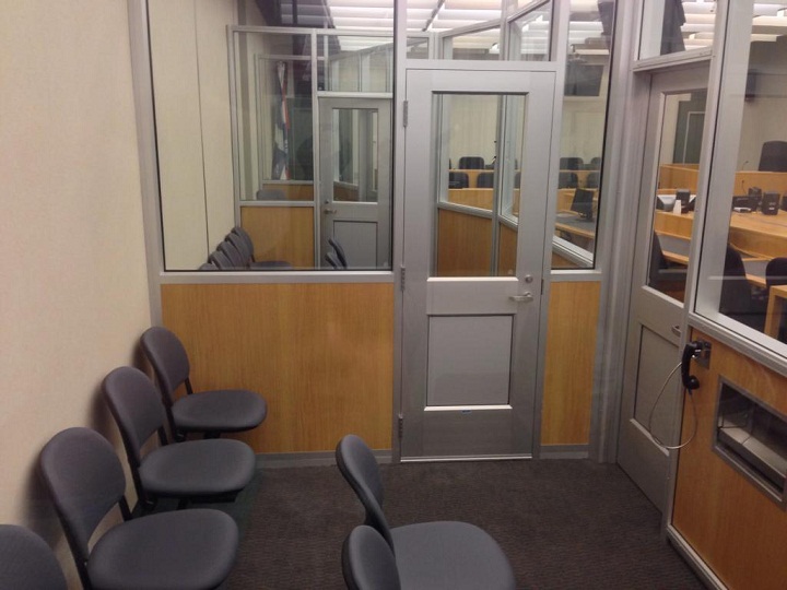 A side view of the interior of high security's prisoner's box inside courtroom 501 in Montreal, where the Magnotta trial will take place.