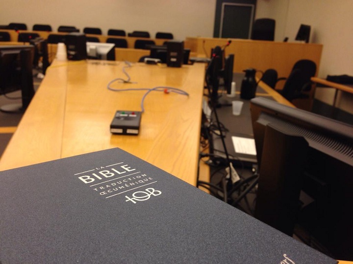 A view from the witness stand inside a courtroom in Montreal.