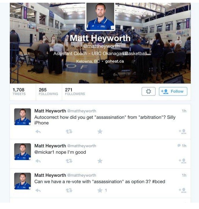 A caption of tweets from @mattheyworth account, Assistant Coach at UBC Okanagan before the account was locked out. 