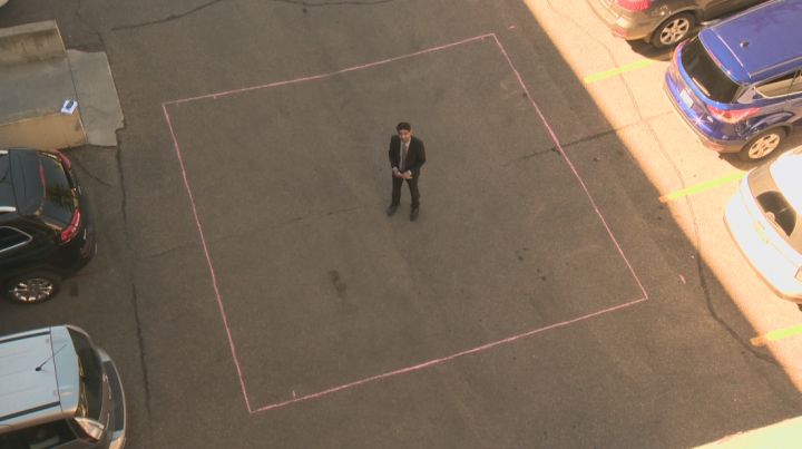 Vinesh Pratap outlines what a 350-square-foot space would look like in Global Edmonton’s parking lot.