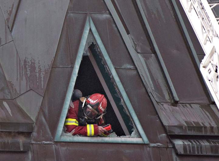Firefighters battle a four-alarm fire at Quebec’s Museum of Civilization, Monday, September 15, 2014 in Quebec City.