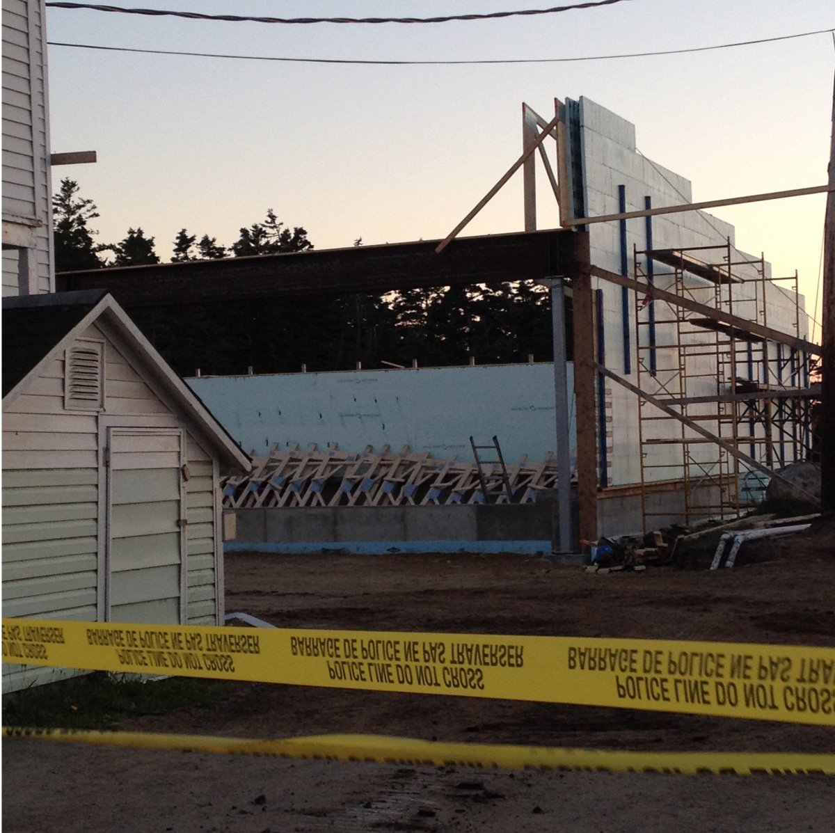 Caution tape was put up around this construction site at a Newellton, Nova Scotia fish plant after part of the roof collapsed. 