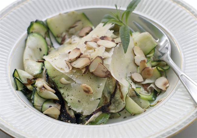 Recipe: Grilled zucchini ribbons with Parmesan and toasted almonds