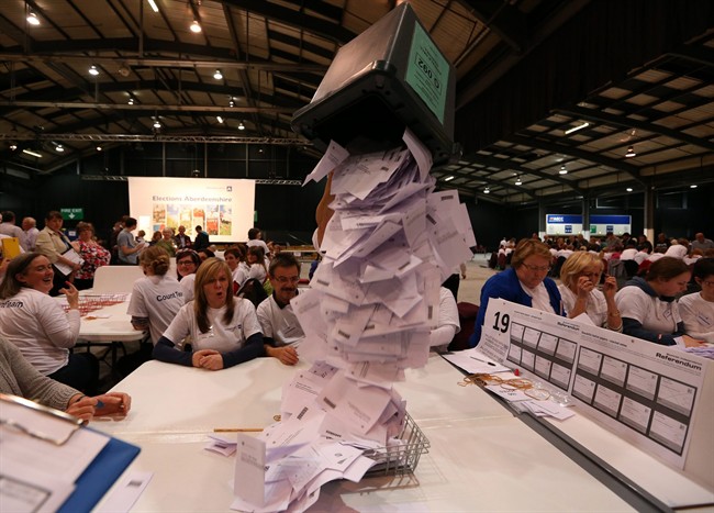Ballot boxes are opened as counting begins in the Scottish Independence Referendum for the Aberdeenshire Council area, Aberdeen, Scotland, Thursday, Sept. 18, 2014.