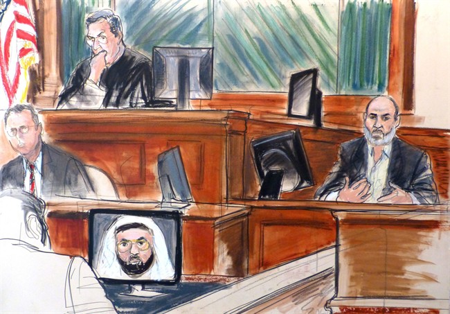 In this Wednesday, March 19, 2014 courtroom sketch Osama bin Laden's son-in-law, Sulaiman Abu Ghaith, right, testifies at his trial in New York, on charges he conspired to kill Americans and aid al-Qaida as a spokesman for the terrorist group. Abu Ghaith, who was convicted in March, is due in court on Tuesday Sept. 22, 2014, to face a possible life sentence for his role as the spokesman for al-Qaida following the Sept. 11, 2001 terror attacks.