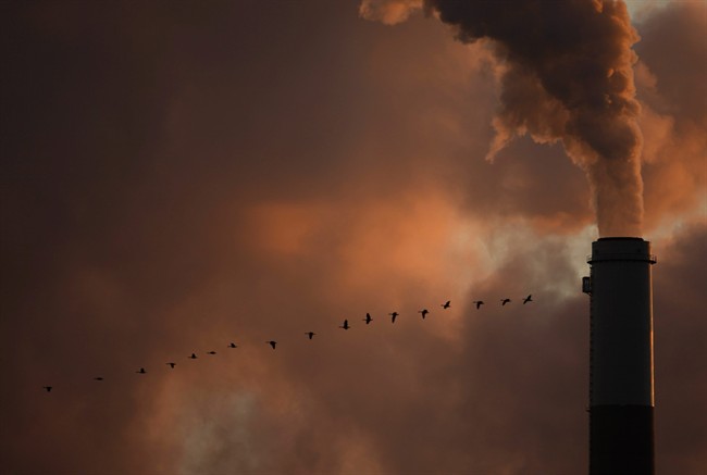  In this Saturday, Jan. 10, 2009, file photo, a flock of geese fly past a smokestack at the Jeffery Energy Center coal power plant near Emmitt, Kan.