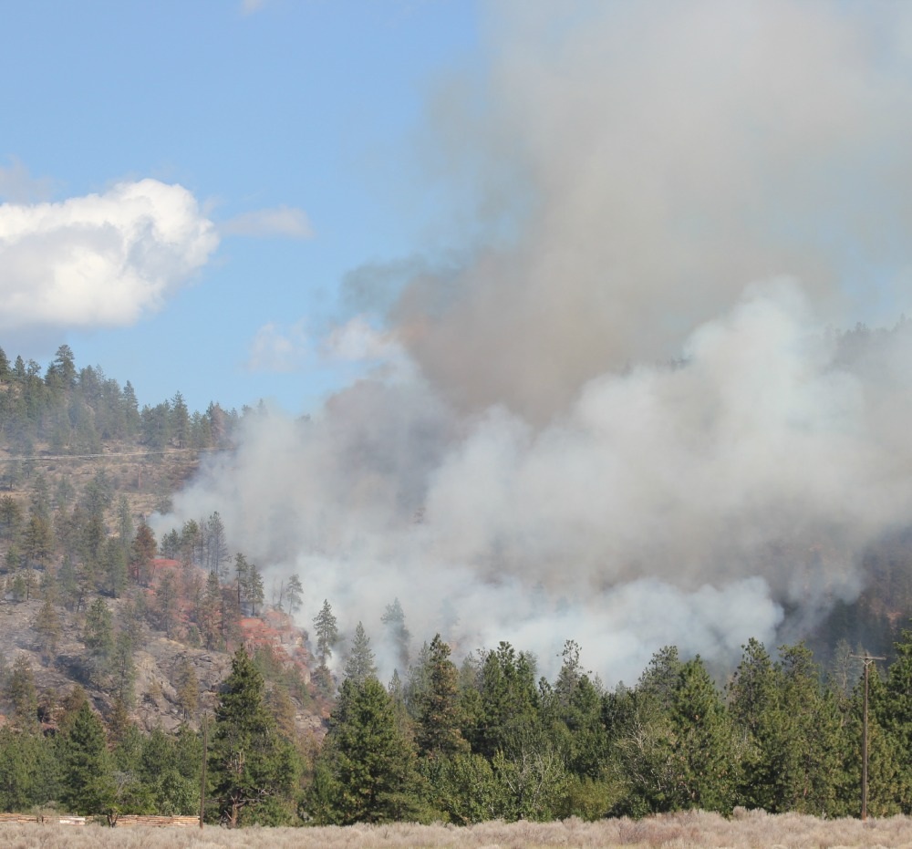 The Nk'Mip Road/ Mica Creek wildfire in Oliver has flared up Monday afternoon, creating much smoke. An airtanker has been called in to calm the blaze. 