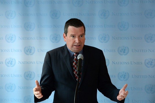 Minister of International Development Christian Paradis speaks at the United Nations in New York on Thursday, September 25, 2014. 
