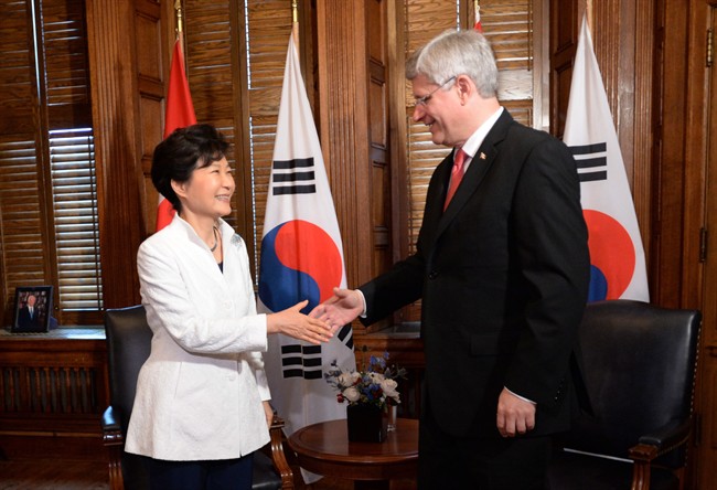 Prime Minister Stephen Harper, right, meets with Korean President Park Geun-hye on Parliament Hill in Ottawa on Monday, September 22, 2014.
