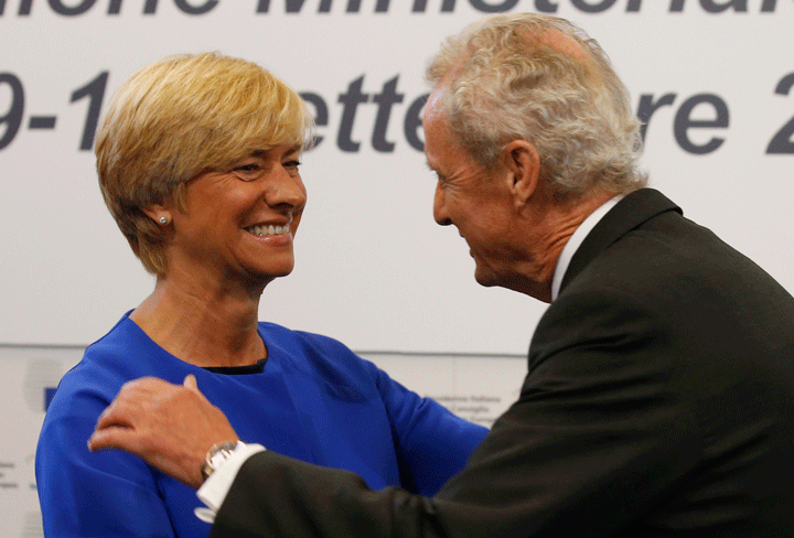 Italian Minister of Defence Roberta Pinotti meets with Spanish Minister of Defence Pedro Morenes Eulate during an Informal Meeting of the EU Defence Ministers in Milan, Italy, Tuesday, Sept. 9, 2014. 

