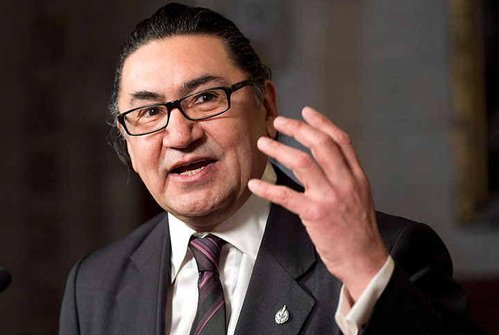 NDP MP Romeo Saganash speaks with the media in 2013.