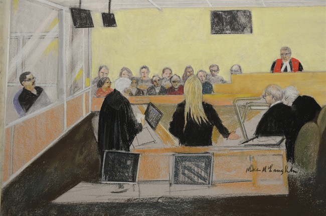 In this artist's sketch, Luke Rocco Magnotta (left) watches proceedings on the opening day of his first-degree murder trial in Montreal, Monday, Sept.29, 2014.