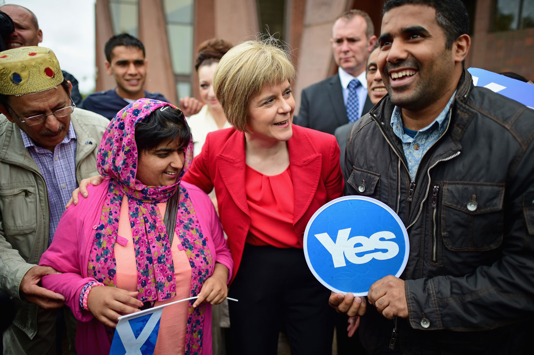 SNP Deputy Leader Nicola Sturgeon meets with worshippers at Glasgow Central Mosque, during the 'Yes' campaign for the Scottish referendum on Sept. 5, 2014 in Glasgow.
