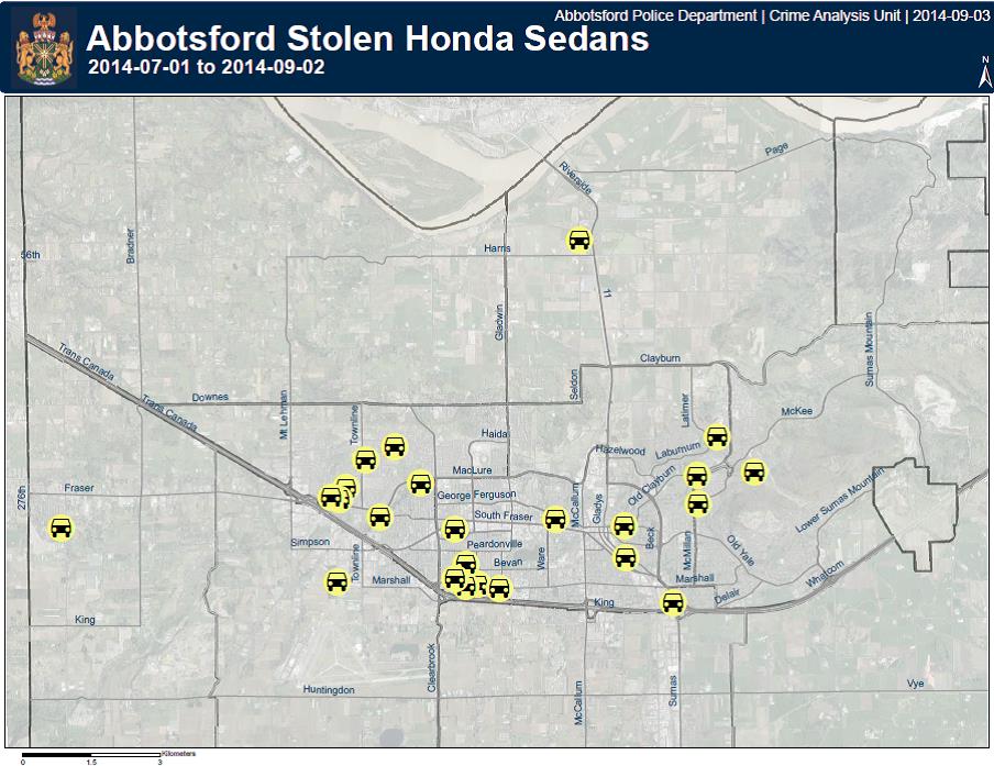 Showing where the Hondas were stolen from.