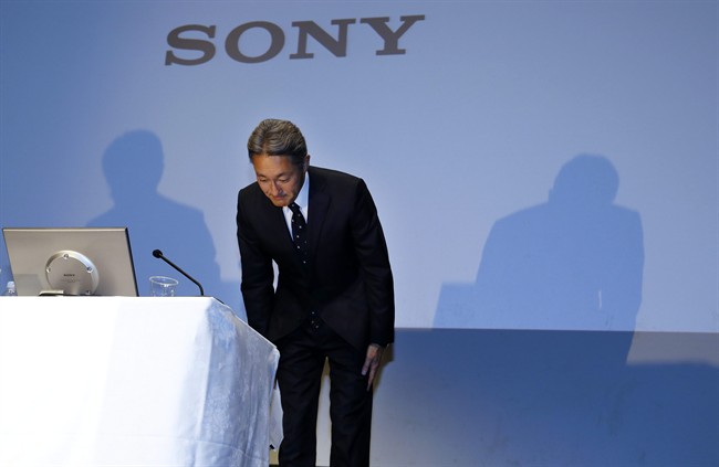Sony Corp. President Kazuo Hirai bows at the end of a press conference at the company's headquarters in Tokyo, Wednesday, Sept. 17, 2014. 