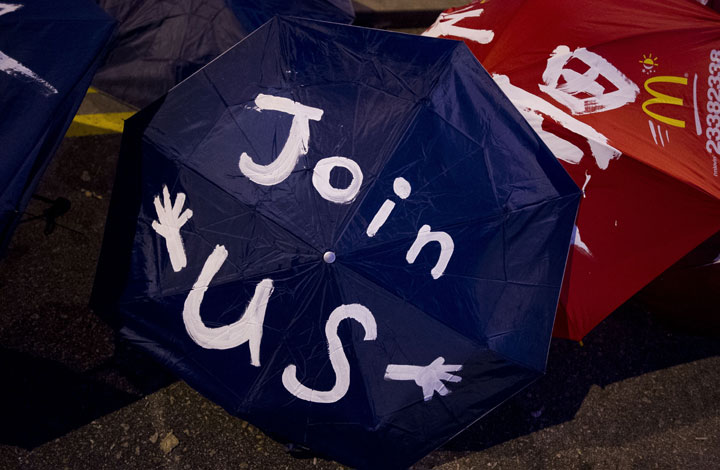 Umbrellas of pro-democracy demonstrators are placed on a road during a protest in Hong Kong on September 30, 2014.