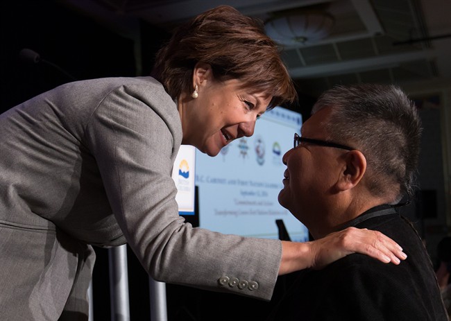 British Columbia Premier Christy Clark, left, shares a laugh with Lake Babine First Nation Chief Wilf Adam during a gathering with cabinet ministers and First Nations leaders in Vancouver, B.C., on Thursday September 11, 2014. THE CANADIAN PRESS/Darryl Dyck.