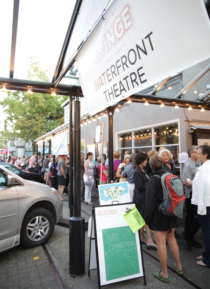 Festival-goers line up in front of the biggest Fringe venue, the Waterfront Theatre.