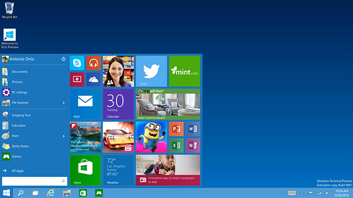 This image provided by Microsoft shows the start menu of Windows 10, the company's next version of its flagship operating system. 