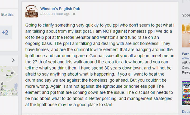 A following post made on Winston's English Pub's Facebook page on Saturday.
