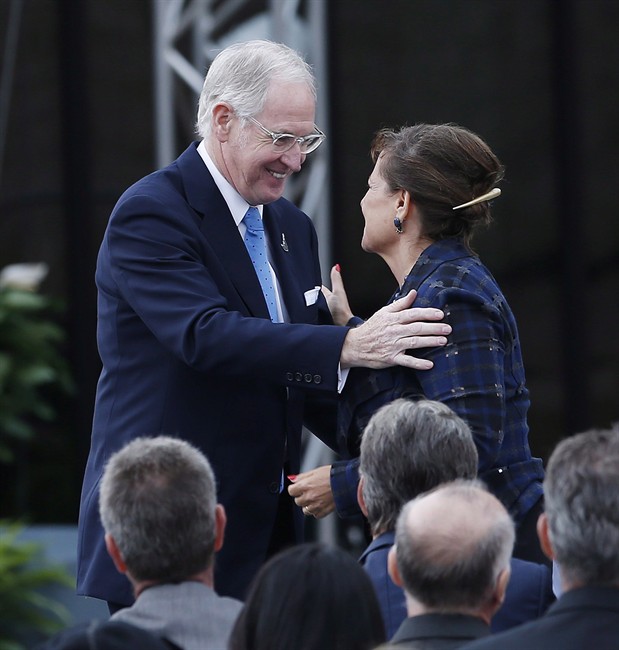 Stuart Murray greets Gail Asper, president and a trustee of The Asper Foundation in September 2014. Murray, then president of the Canadian Museum For Human Rights, eventually left the job.