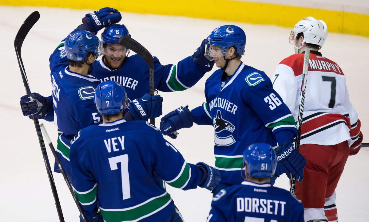 Luca Sbisa, Yannick Weber, Jannik Hansen, Linden Vey and Derek Dorsett celebrate Hansen's goal during the second period of the Canucks' win. 