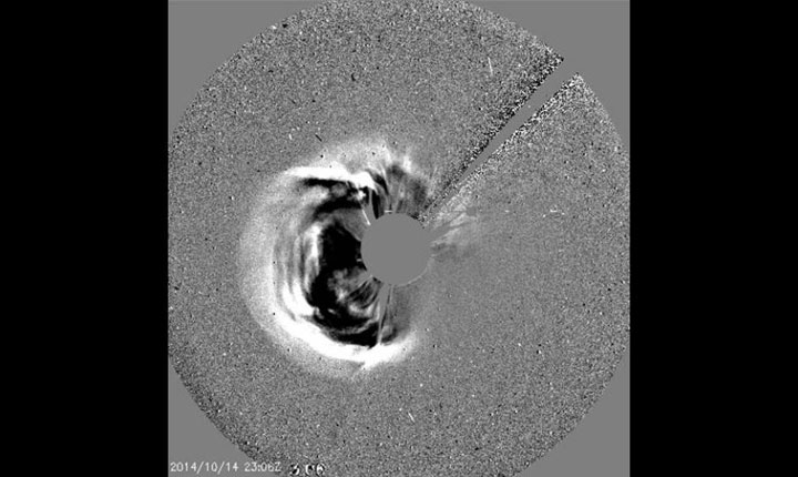 NASA’s SOHO satellite captured this CME at 3:30 p.m. on Oct. 14, a few days before the sunspot responsible turned towards Earth.