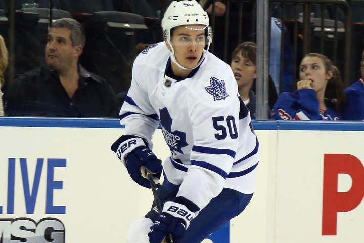 Stuart Percy #50 of the Toronto Maple Leafs skates against the New York Rangers at Madison Square Garden on October 12, 2014 in New York City.