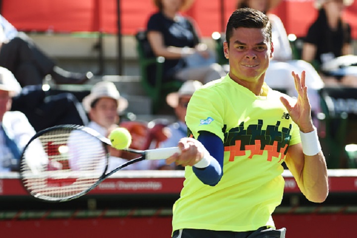 Milos Raonic of Canada in action during men's singles quater final match against Denis Istoman of Uzbekistan on day five of Rakuten Open 2014 at Ariake Colosseum on October 3, 2014 in Tokyo, Japan.  