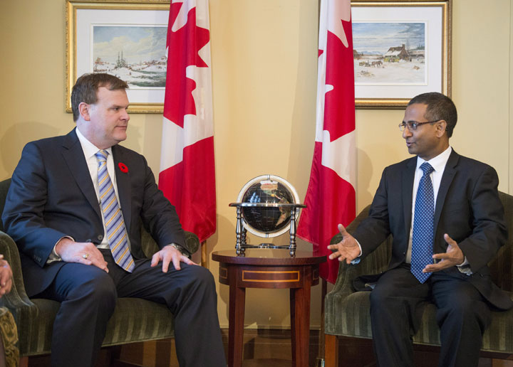 Foreign Affairs Minister John Baird meets with Ahmed Shaheed, UN Special Rapporteur on the Situation of Human Rights in the Islamic Republic of Iran, on Parliament Hill in Ottawa on Thursday, Oct. 30, 2014. THE CANADIAN PRESS/Justin Tang.
