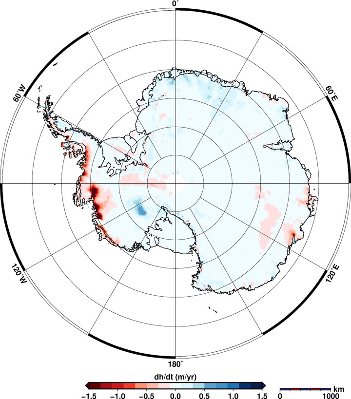 Using 200 million measurements collected by ESA’s CryoSat mission between January 2011 and January 2014, researchers from the Alfred Wegener Institute in Germany have discovered that the Antarctic ice sheet is shrinking in volume by 125 cubic kilometres a year.