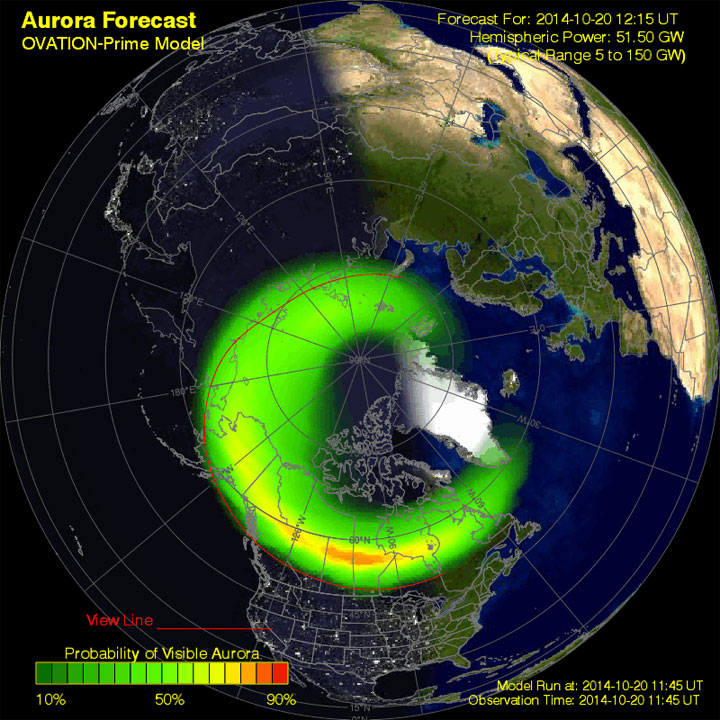 The auroral hole, seen here in green, favours Canada around 11:45 a.m. GMT (5 a.m. Pacific, 8 a.m. Eastern). But there’s still a chance of catching them earlier in the night.