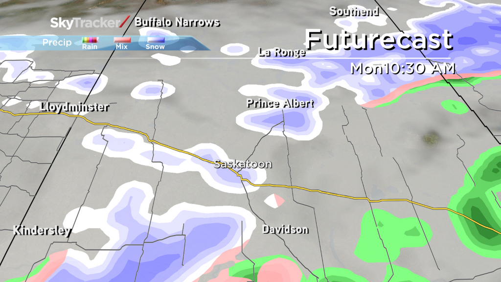 Snow is expected in Saskatoon Monday morning.