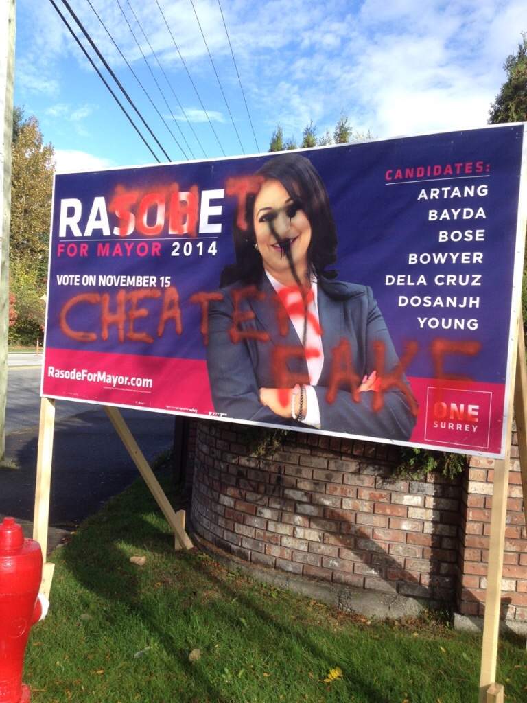 Vandalized election sign in Surrey.