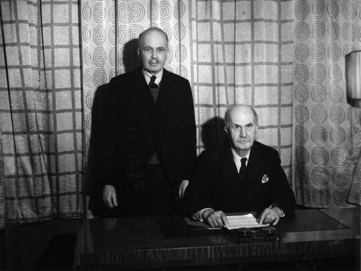 English physicist Sir William Henry Bragg (1862 – 1942) (right) and his son Australian-born British physicist Sir (William) Lawrence Bragg (1890 – 1971).